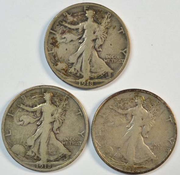 1918-P, 1918-D, & 1918-S Walking Liberty Half Dollars