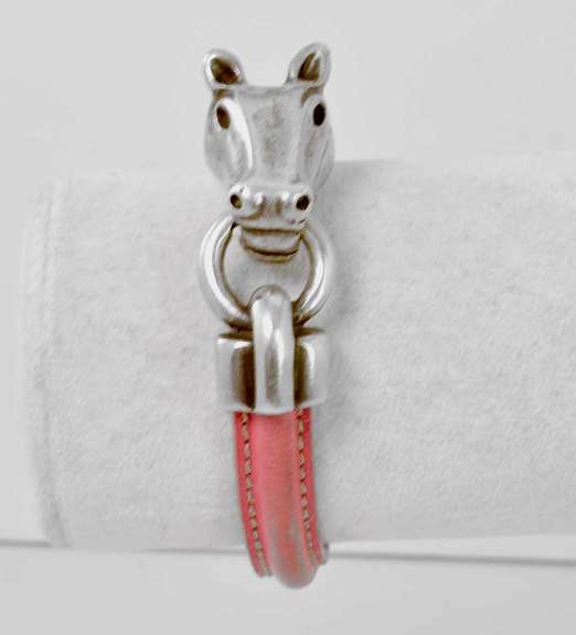 Sterling Silver Horse Bracelet With Pink Leather Strap.