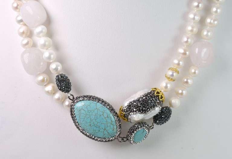 Miraculous Pearl Necklace with Turquoise, Crystalized Mother of Pearls & other Gemstones
