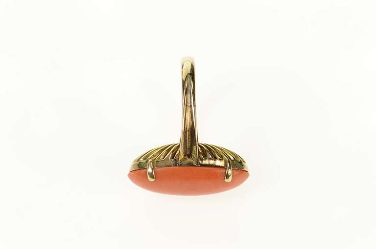 14K Yellow Gold 1930's Oval Red Coral Cabochon Statement Ring