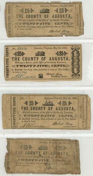 4 Assorted County of Augusta, VA 25 Cents Obsolete Notes