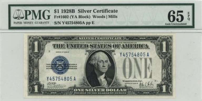 PMG-65 EPQ graded 1928-B $1 Silver Certificate Note. Super