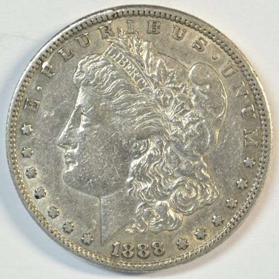 Upper end 1888-S Morgan Silver Dollar. Key date