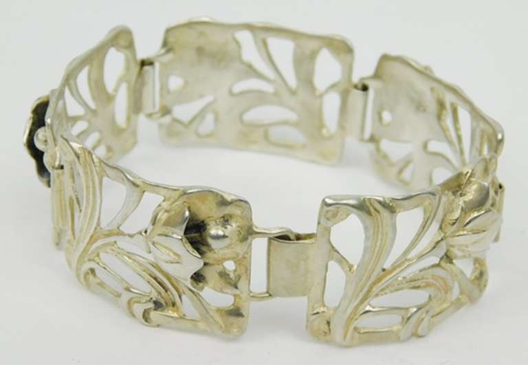 Vintage Wide Sterling Floral Panel Link Bracelet