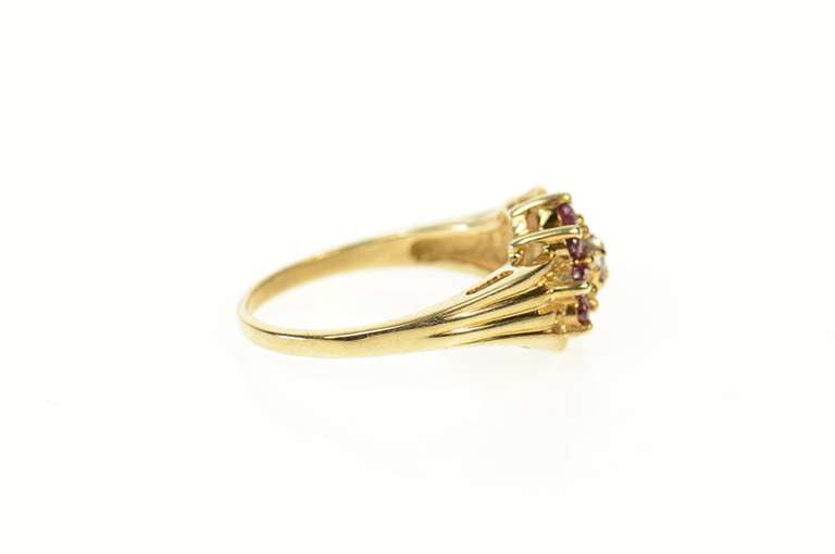 10K Yellow Gold Diamond Ruby Halo Round Flower Cluster Ring