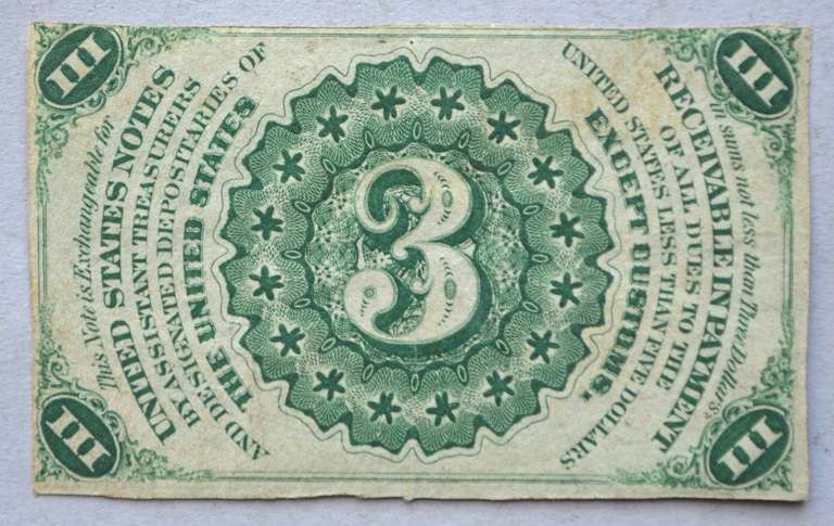Near Unc 3 Cent US Fractional Currency Note