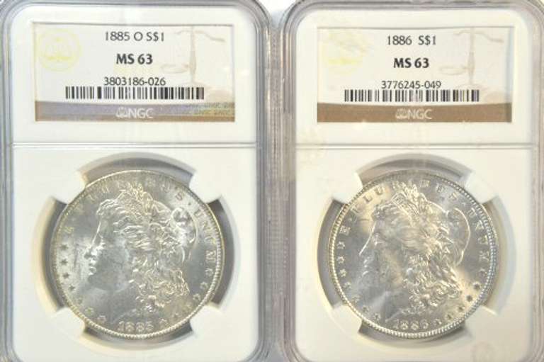 Choice BU 1885-O & 1886 Morgan Silver Dollars. NGC MS63
