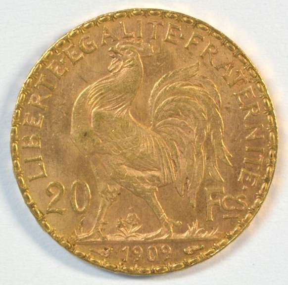 Gem BU 1909 France 20 Francs Gold 'Rooster' coin