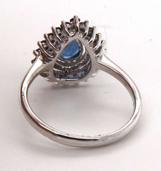 18k Stamped White Gold Ocean Blue Teardrop Sapphire Ring with Diamonds