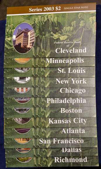 2003 Complete $2 Star Note Set 1 From Every Federal Reserve Bank.