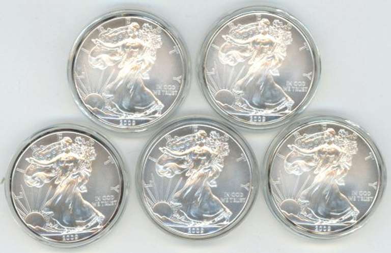 5 Superb Gem BU 2009 $1 Silver Eagles in custom capsules