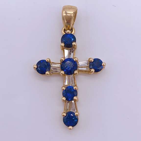 14kt Gold, Blue Sapphire, & Diamond Cross Pendant