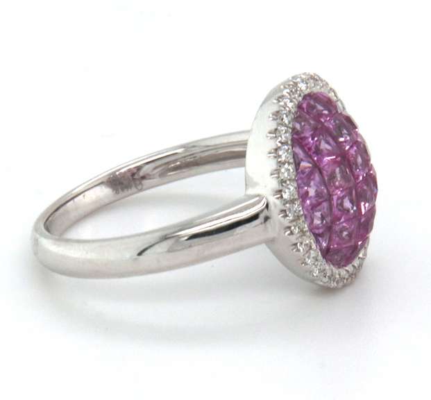 Enchanting 18k Stamped White Gold Pink Sapphire Cluster Ring surrounded by Gorgeous Diamonds