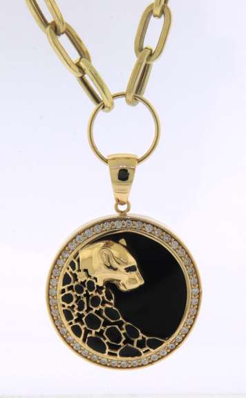 Glowing Yellow Gold Panther Black Onyx Pendant on Chain
