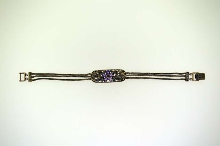 Vintage Sterling Silver Floral Amethyst Chain Bracelet