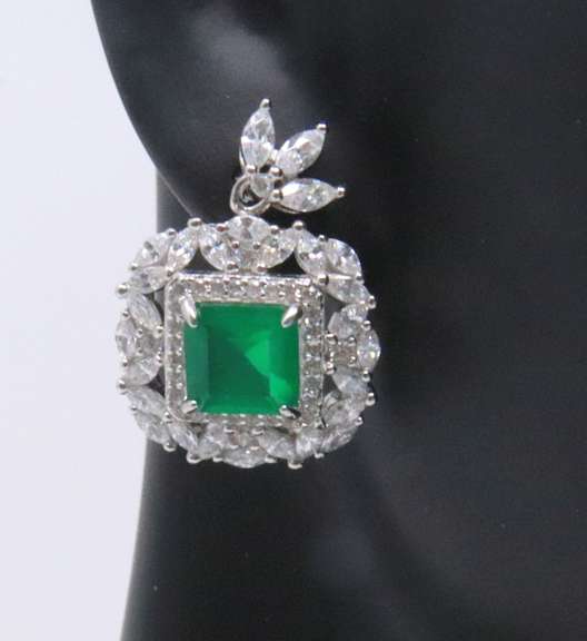 Green and White Cubic Zirconia Sterling Silver Earrings