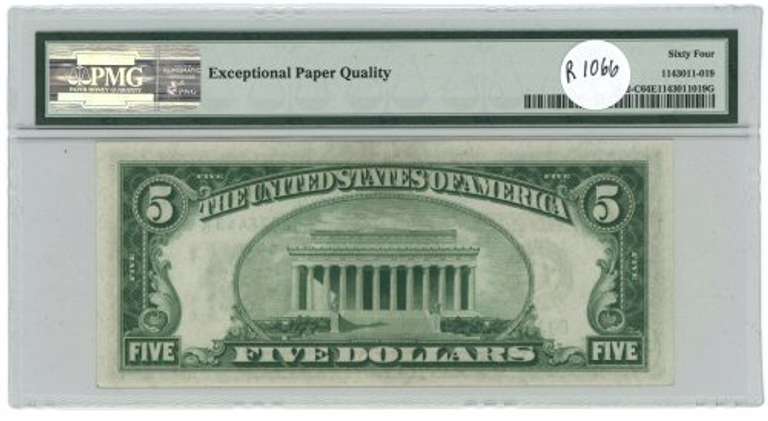 PMG-64 EPQ graded 1928-B $5 Federal Reserve Note. Super