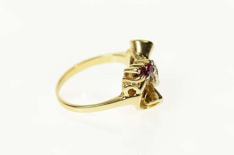 14K Yellow Gold 1930's Ruby Diamond Bow Ornate Statement Ring