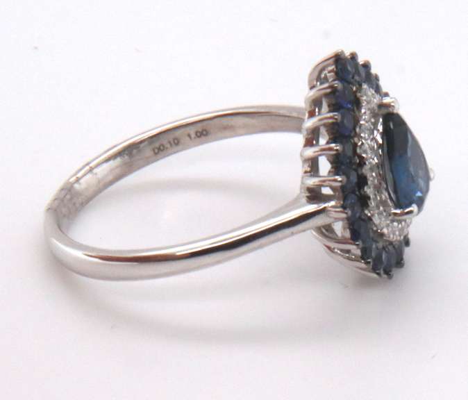 18k Stamped White Gold Ocean Blue Teardrop Sapphire Ring with Diamonds