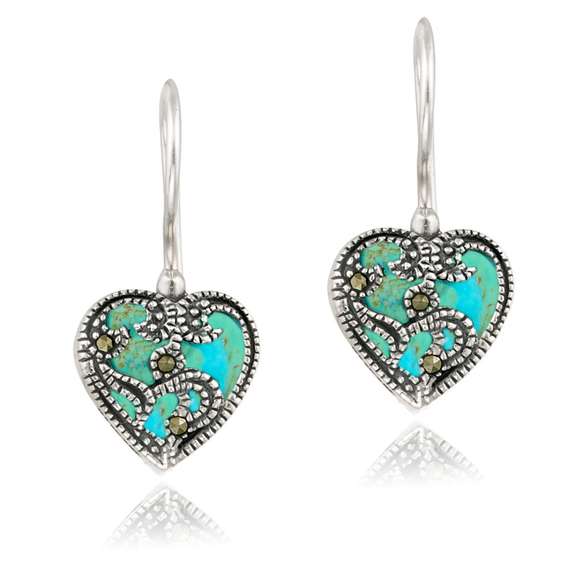 Sterling Silver Created Turquoise & Marcasite Heart Drop Earrings