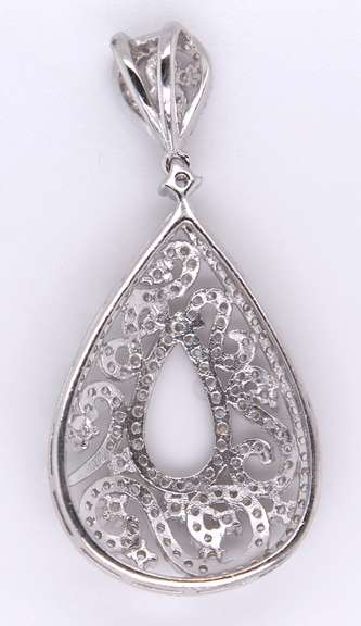 Tear Drop Sterling Silver Pendant with Intricate Design and Cubic Zirconias