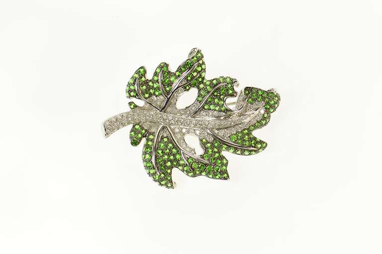 18K White Gold 9.55 Ctw Pave Tsavorite Garnet Diamond Leaf Pin/Brooch