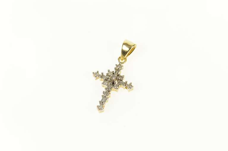 10K Yellow Gold Round & Baguette Diamond Cross Christian Pendant