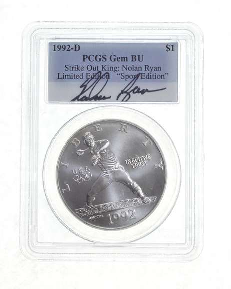 BU 1992-D Olympic Baseball Commem Silver Dollar Signed Nolan Ryan PCGS