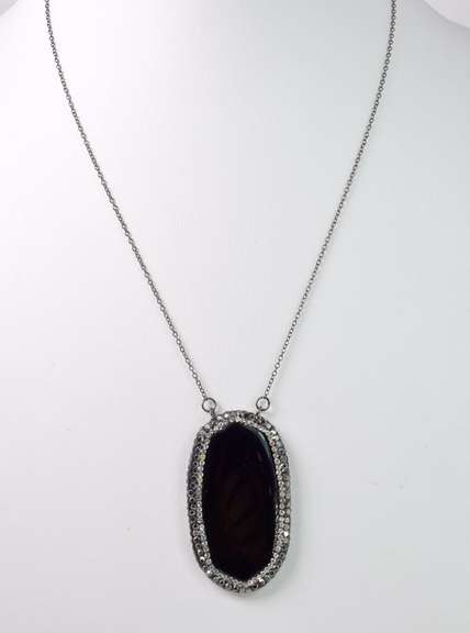 Beautiful Large Tablet Cut Onyx Set with Sparkling Halo of Crystal Accents Necklace