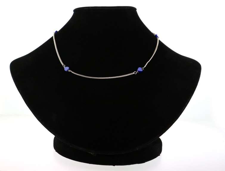 Cute Sterling Silver Snake Chain Necklace with Blue Heart Charms