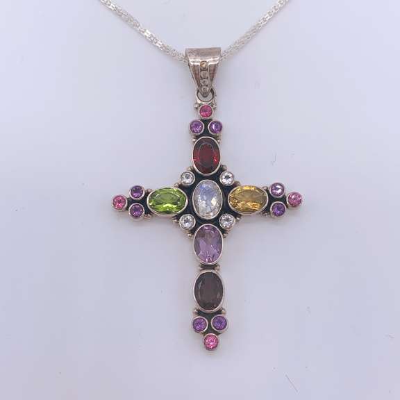 Sterling Silver & Gemstone Cross Pendant Necklace
