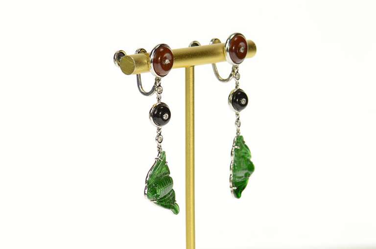 18K White Gold Jadeite Fish Diamond Dangle Screw Back Earrings