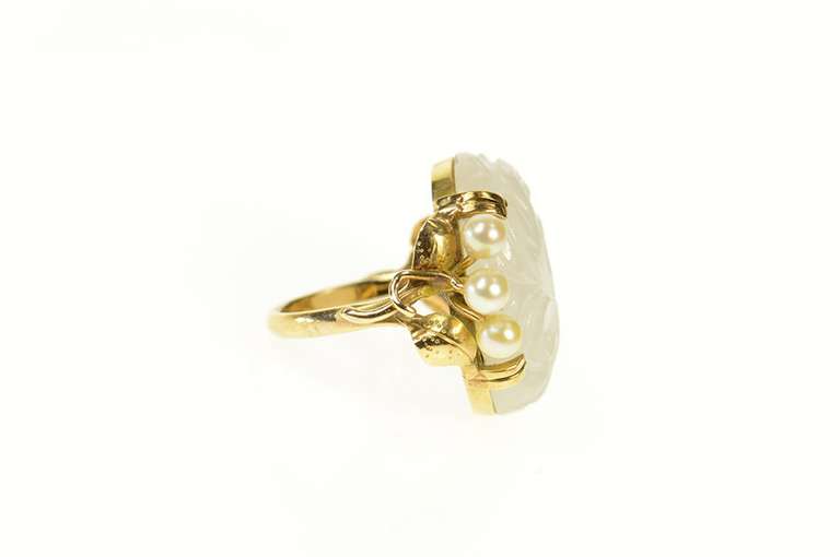 14K Yellow Gold Carved Swirl Quartz Retro Pearl Accent Ring