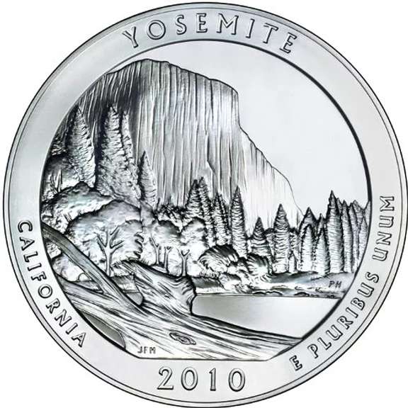 2010 America The Beautiful Five Ounce Silver Uncirculated Coin Yosemite National Park California.
