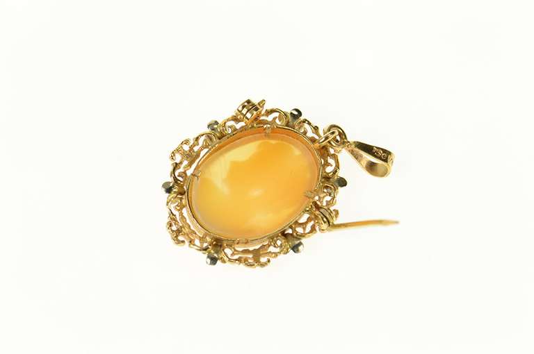 18K Yellow Gold Oval Carved Shell Cameo Ornate Statement Pendant