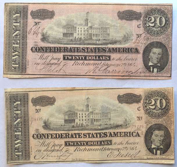 2 Circulated Feb 17 1864 CSA $20 Notes. CS 67