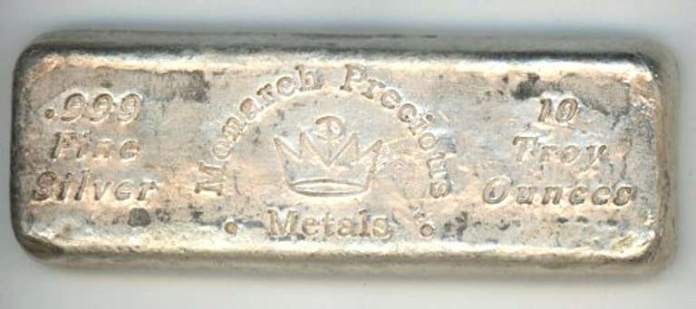 Vintage Monarch HAND POURED 10 Troy Oz .999 Fine Silver Bar
