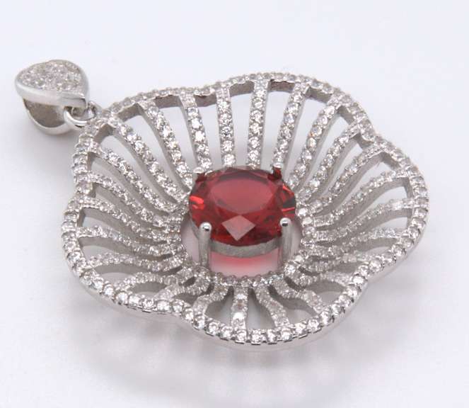 Voluminous Floral Sterling Silver Pendant with Red Core and Cubic Zirconias