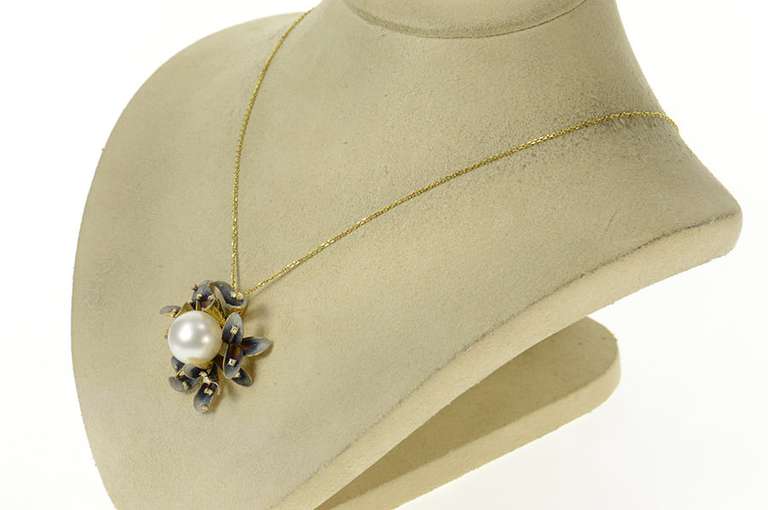 18K Yellow Gold JY Designer Pearl Enamel Diamond Flower Pendant
