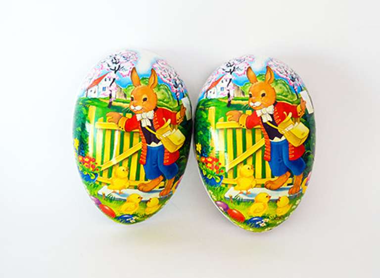 Vintage Large Nestler Paper Mache Easter Egg Candy Container Box, Depicting a Bunny Delivering Mail and Chicks
