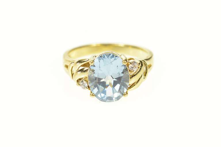 10K Yellow Gold Blue Topaz CZ Accent Classic Statement Ring
