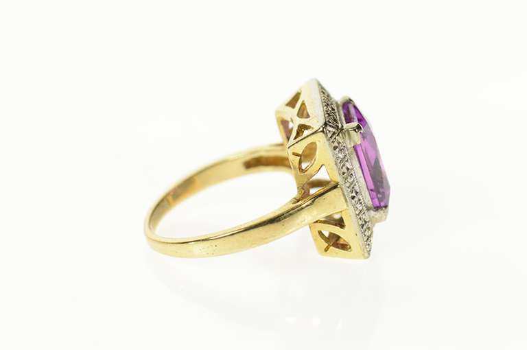 14K Yellow Gold Emerald Cut Syn. Amethyst Art Deco Etched Ring