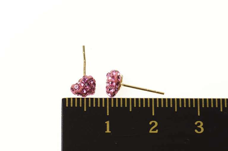 10K Yellow Gold Pave Pink Rhinestone Enamel Puffy Heart Earrings