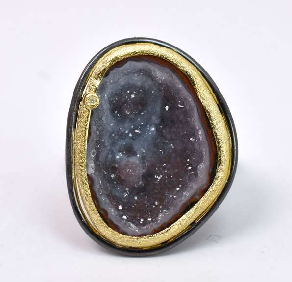 Colorful Geode Gemstone Set Within Two Tone Sterling Silver Ring