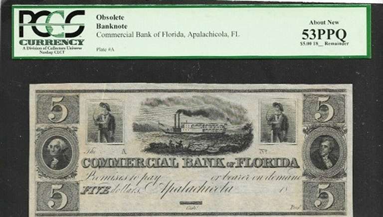 Scarce 1800's $5 Commercial Bank Of Apalachicola FL PCGS 53 PPQ Rare Grade!