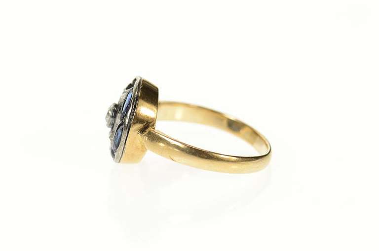 14K Yellow Gold Edwardian Syn. Sapphire Diamond Round Ring