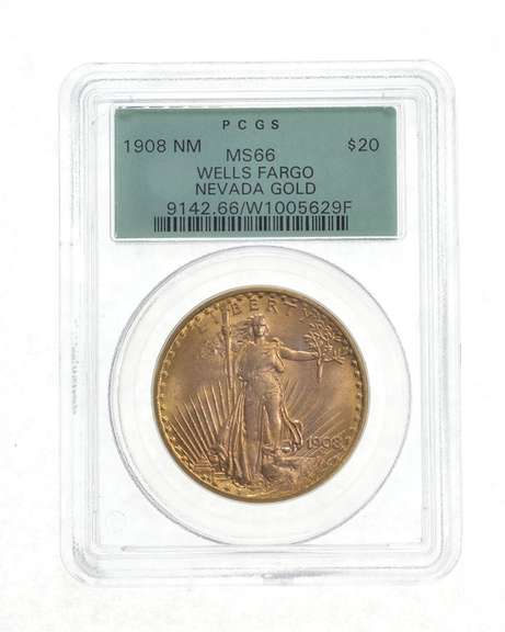 MS66 1908 NM $20 St-Gaudens Gold Double Eagle Wells Fargo NV Gold PCGS