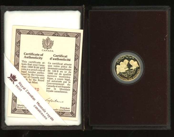 1990 Superb Gem Proof Canada $100 Gold Piece in box w/ cert