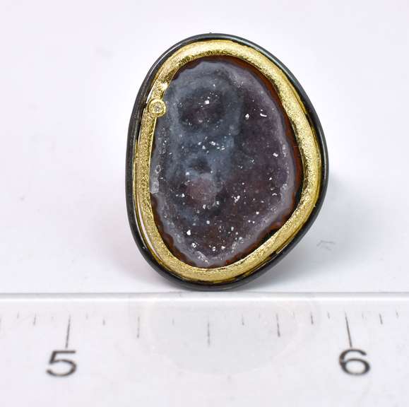Colorful Geode Gemstone Set Within Two Tone Sterling Silver Ring