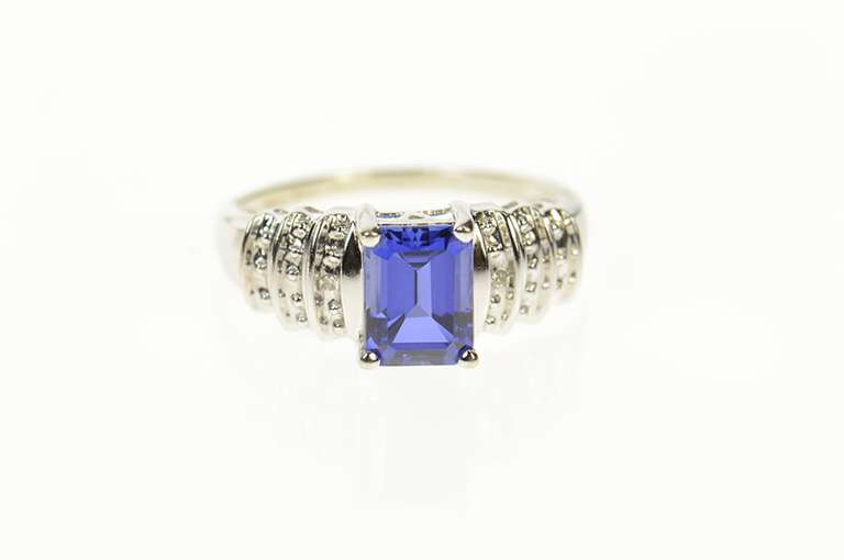 10K White Gold Emerald Syn. Sapphire Diamond Accent Ring